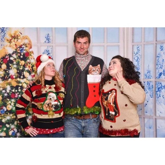 Ugly Christmas Sweater Men's size L or M Cat Lover Green Stocking Googly Eyes - Picture 6 of 7